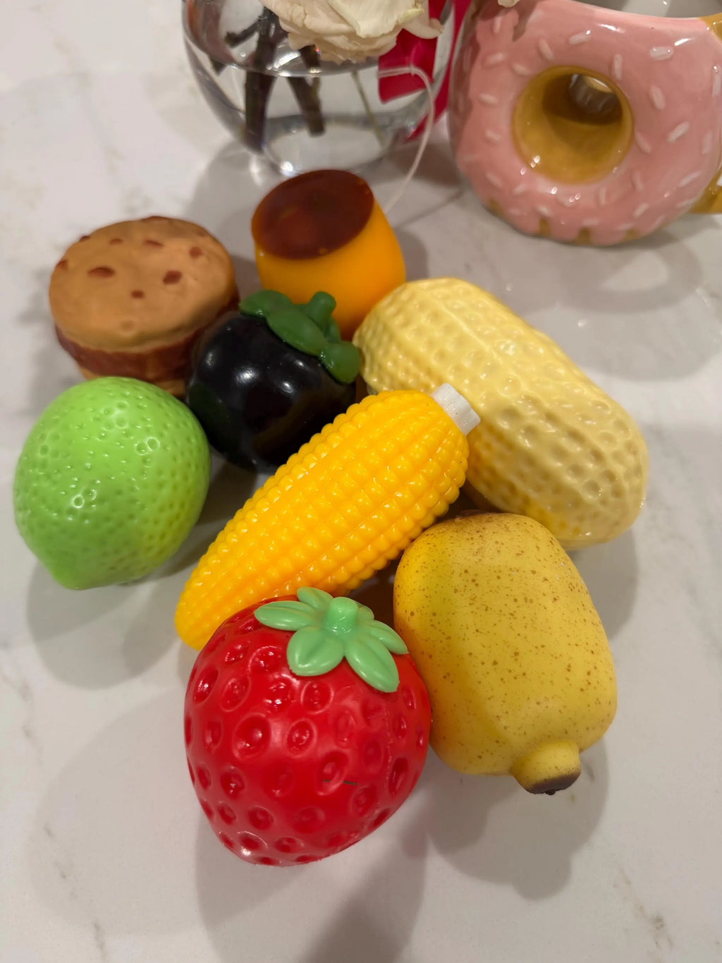 Strawberry, Peanut, Lemon, Mangosteen,Corn, Banana, Pudding, Cookie Crunchy Texture Squishy Sampler Figdet Toys