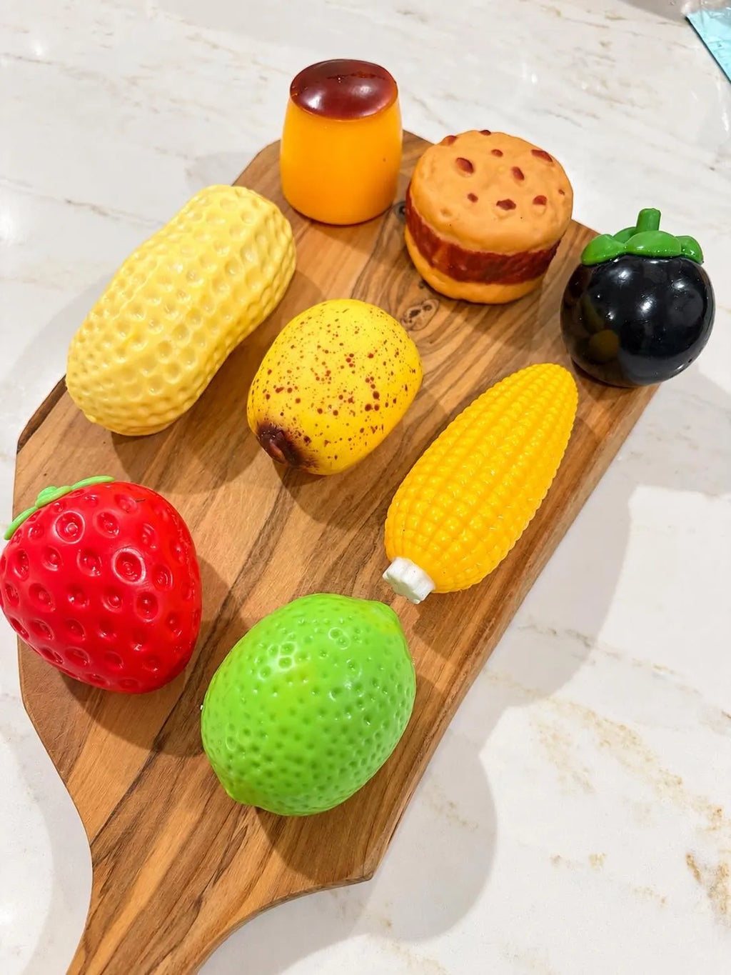 Strawberry, Peanut, Lemon, Mangosteen,Corn, Banana, Pudding, Cookie Crunchy Texture Squishy Sampler Figdet Toys